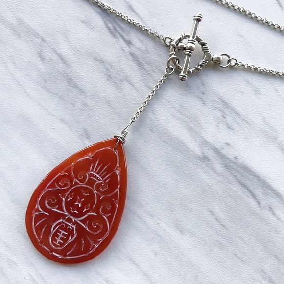 Genuine carved carnelian gemstone lariat necklace - Picture 2 of 8